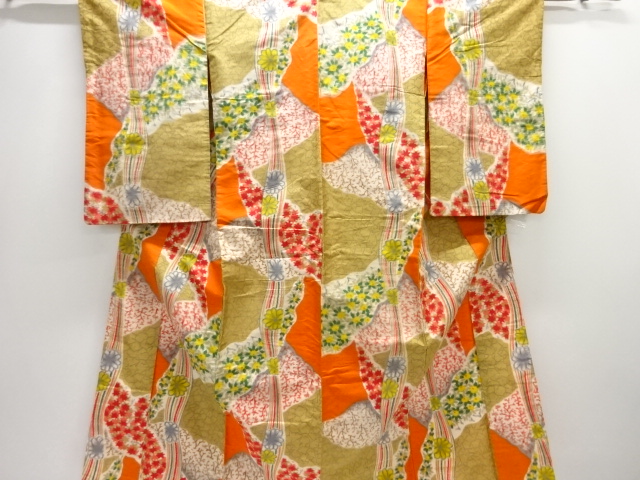 アンティーク　花楓模様織り出し銘仙着物